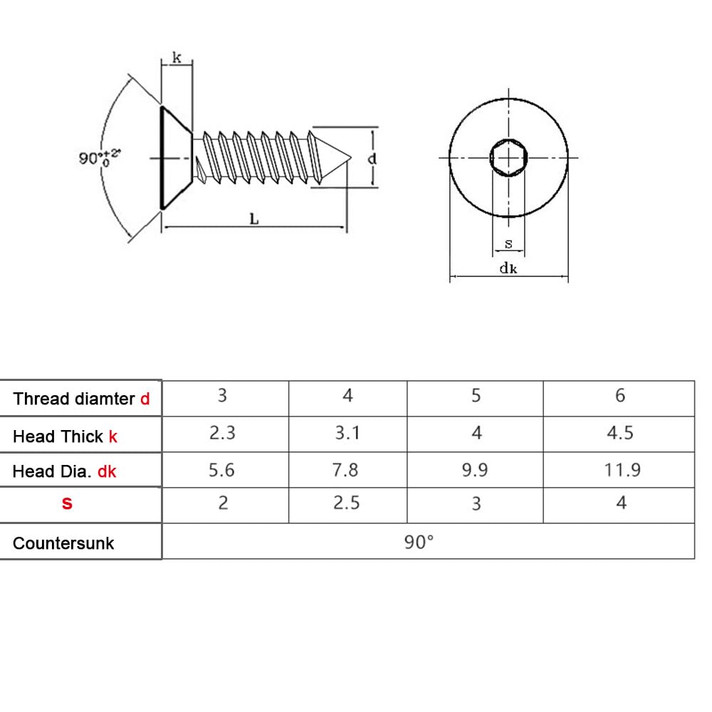ya 16 10.20 baidi Hex Socket Countersunk Flat Head Self Tapping Screws Black 8.8 Steel M3 M4 M5 M6