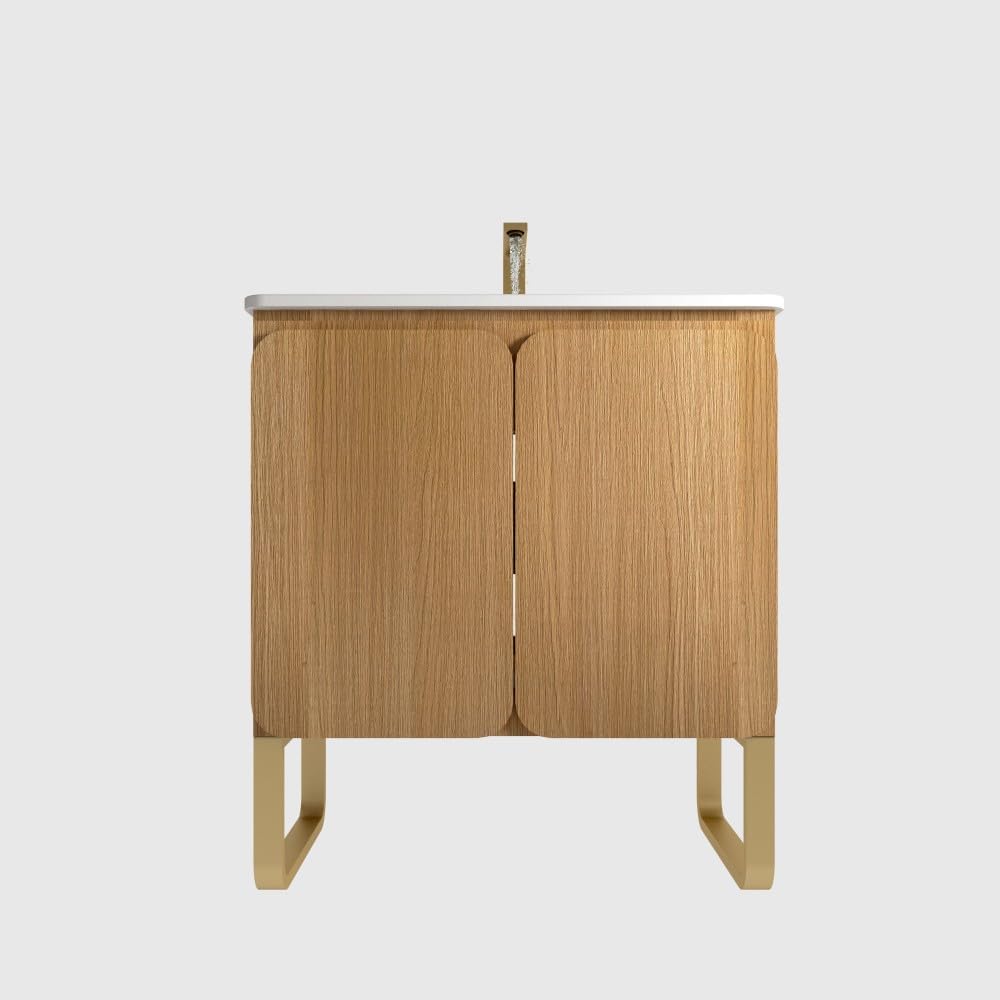 ya 28 10.13 baidi 30 Light Oak Wood Modern Bathroom Vanity - Mounted, Ceramic Sink, 2 Doors
