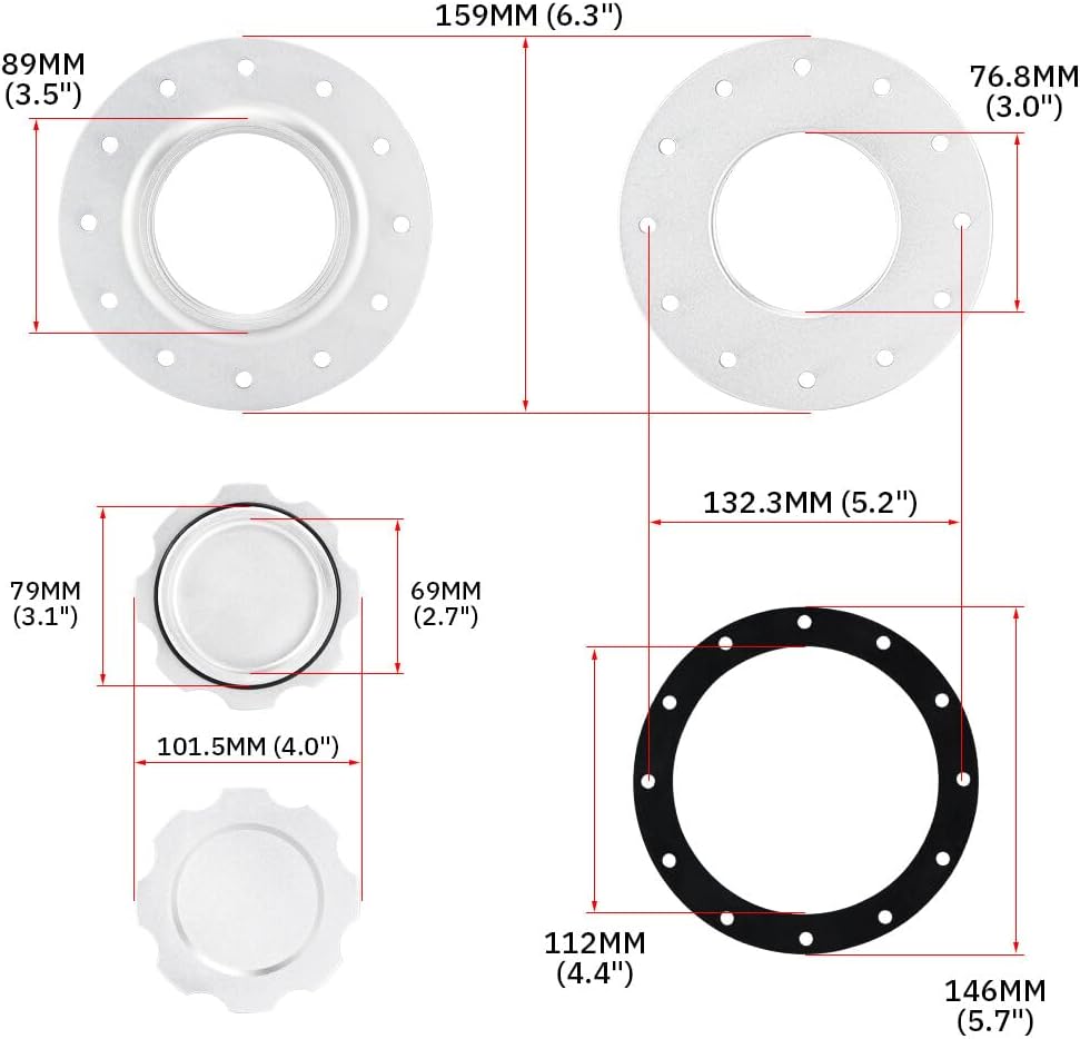 ya 5 8.10 Alu for Mini um Twist On Filler Neck Cap Billet Fuel Cell Cap Flush Mount 3'' 12Hole