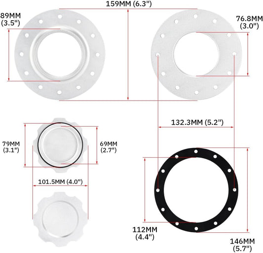 ya 5 8.10 Alu for Mini um Twist On Filler Neck Cap Billet Fuel Cell Flush Tank Cap Mount 12 Bolt
