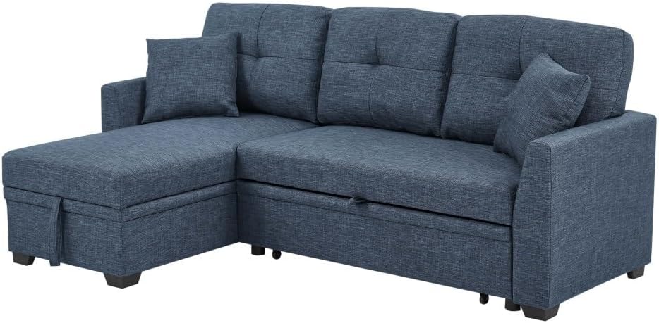 ya 28 10.13 baidi 76.5 Linen Blend Sectional Sofa Blue w/Pull-Out Bed Chaise Storage