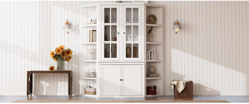 ya 28 10.13 baidi 75.25''H White Display Cabinet + 2 Triangle Shelves, Retro Suit,Glass Doors