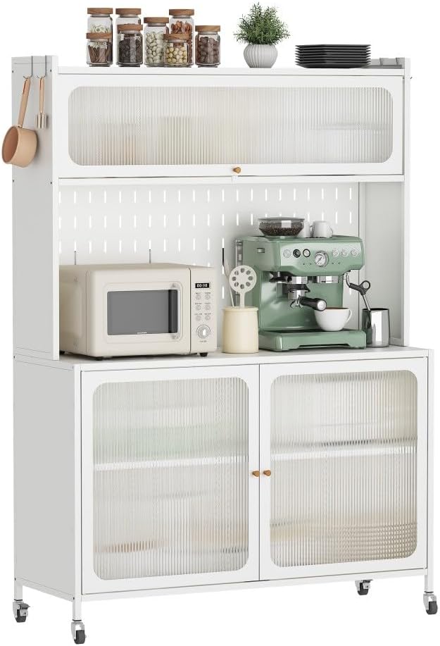 ya 28 10.13 baidi Kitchen Pantry Cabinet White - Tall Storage Glass Doors, Adjustable Shelves