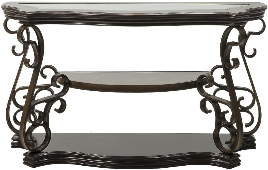ya 28 10.13 baidi Glass Sofa Table 54Lx20Wx30H, MDF w/Marble Paper Shelf, Metal Legs,Brown