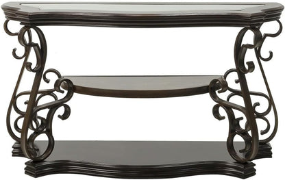 ya 28 10.13 baidi Glass Sofa Table 54Lx20Wx30H, MDF w/Marble Paper Shelf, Metal Legs,Brown