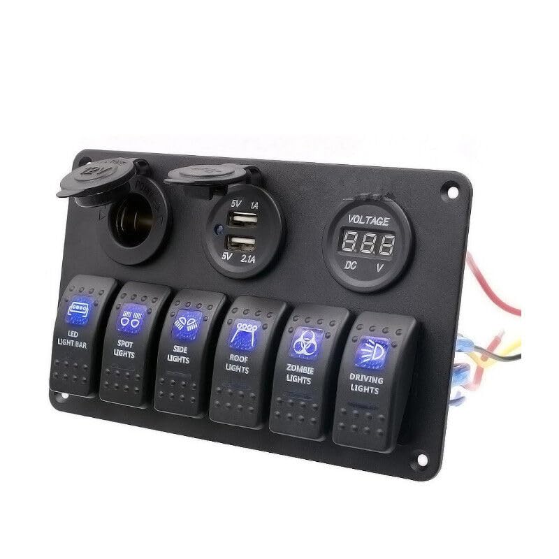 ya 4 8.8.2 Car Marine Boat 6 Gang Rocker Button Panel Circuit Breaker USB Charger Voltmeter 