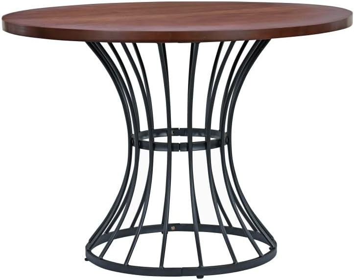 ya 28 10.13 baidi 42 Round Oak Veneer Dining Table - Solid Wood-Look , Wrought-Iron Base