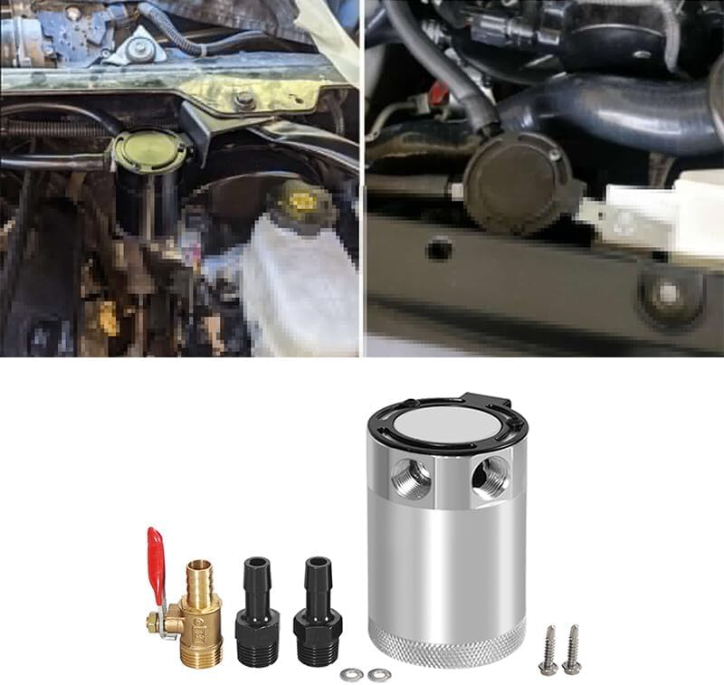 ya 27 10.13 baidi Universal Oil Catch Can Baffled 2Port Oil Catch Tank Reservoir Drain Valve Silve