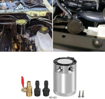 ya 27 10.13 baidi Universal Oil Catch Can Baffled 2Port Oil Catch Tank Reservoir Drain Valve Silve