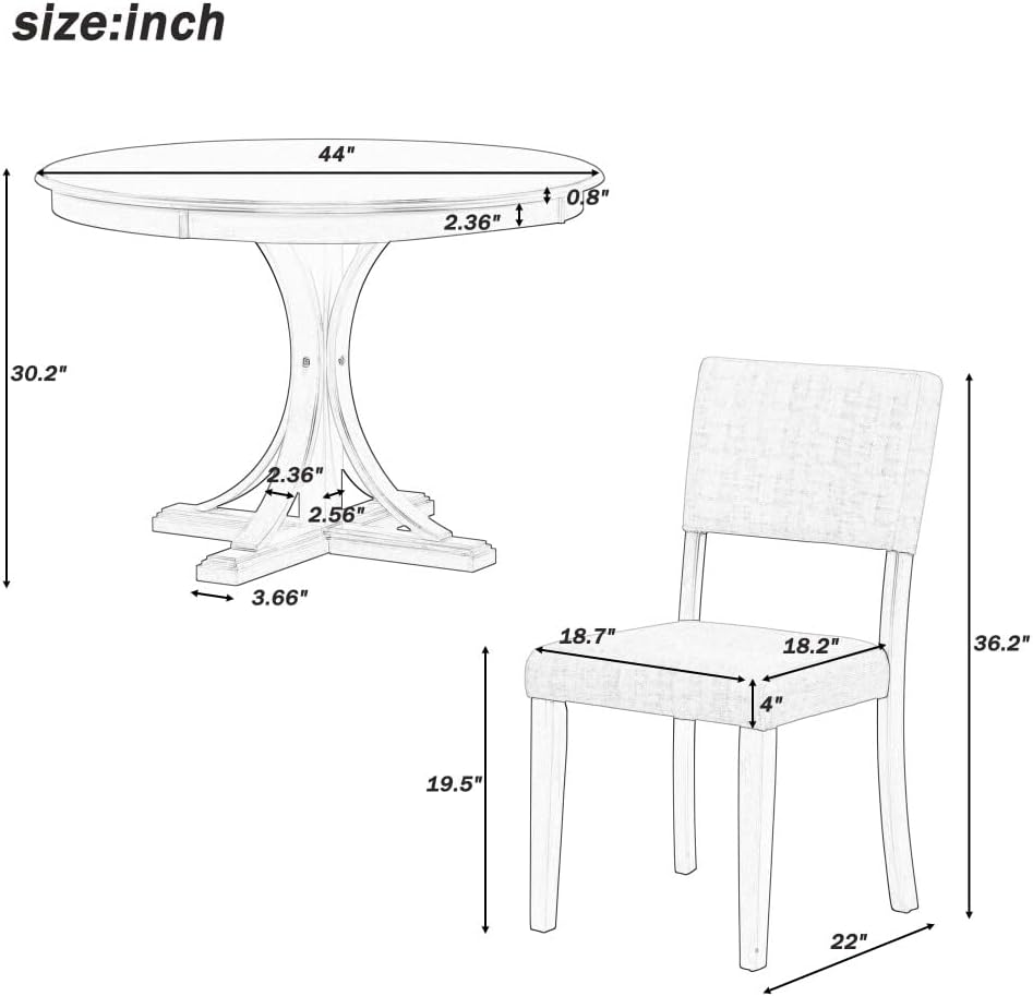 ya 28 10.13 baidi 5pc Retro Round Dining Set Dark Gray, Curved Trestle Legs, 4 Upholstered Ch