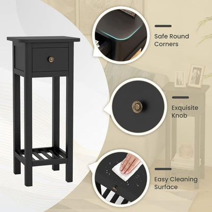 ya 28 10.13 baidi Black 2 Tier Slim Nightstand Bedside Table Drawer Shelf