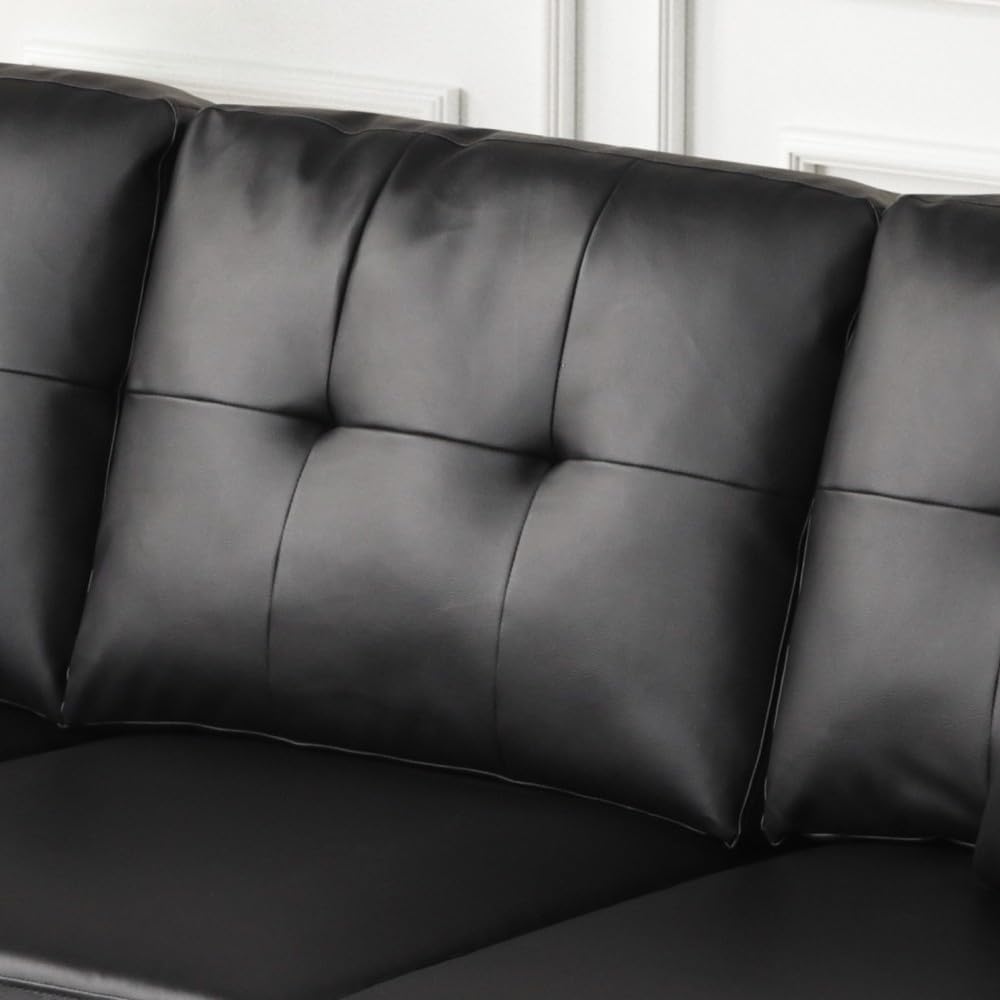 ya 28 10.13 baidi PVC Reversible Sectional Sofa Chaise Black withThrow Pillows, Tufted Cushio