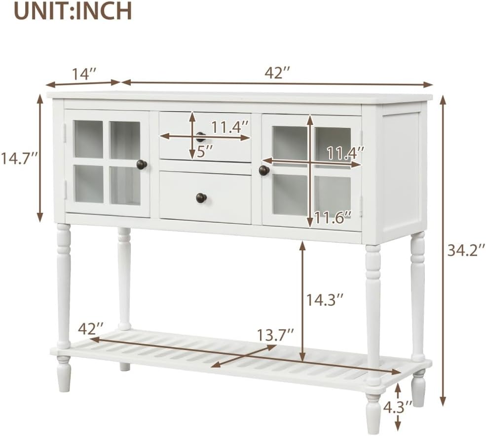 ya 28 10.13 baidi Sideboard White Console Table Bottom Shelf, Glass Buffet Storage Cabinet
