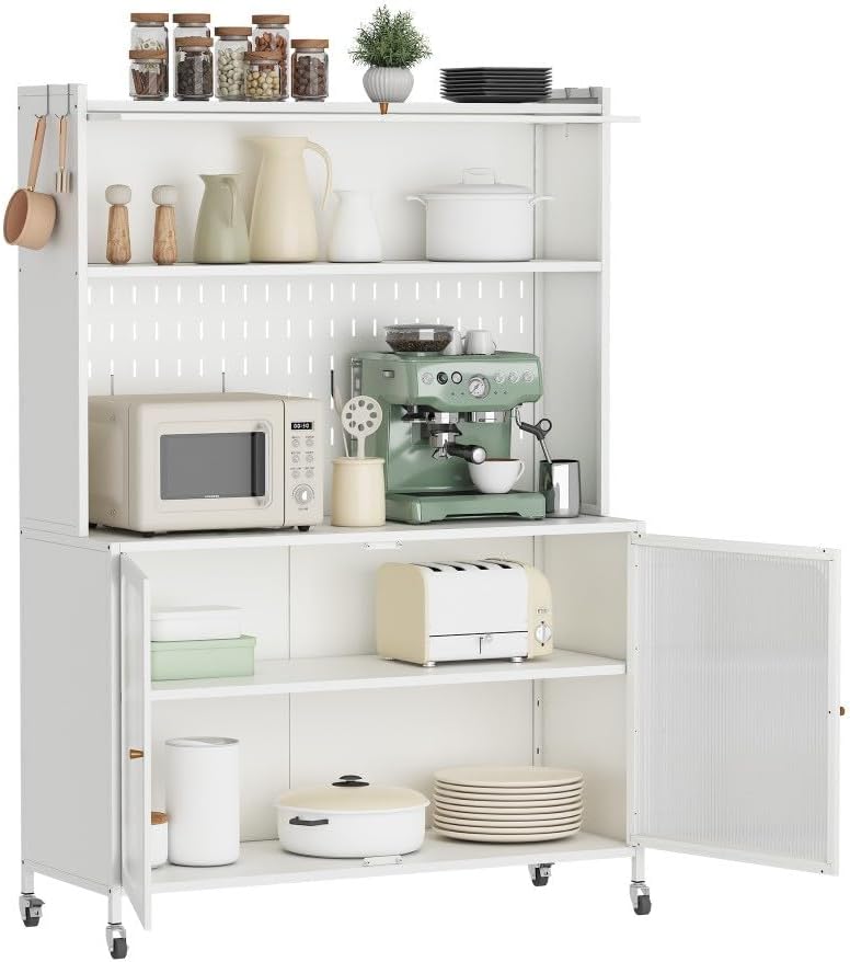 ya 28 10.13 baidi Kitchen Pantry Cabinet White - Tall Storage Glass Doors, Adjustable Shelves