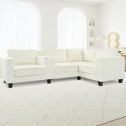 ya 28 10.13 baidi L-Shaped Beige 4-Seater Corduroy Sofa,Storage Armrests+Console,Switchable S