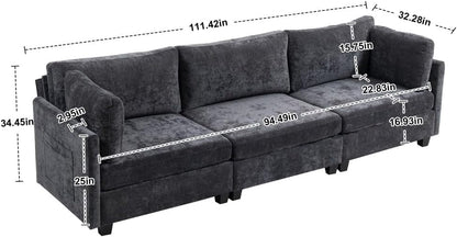 ya 28 10.13 baidi 3-Seater Dark Grey Chenille Sofa 111.42*32.28,w/ -soft Cushions&Side Pocke
