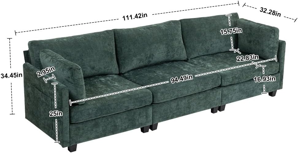ya 28 10.13 baidi For Living 3-Seater Chenille Deep Sofa (111.42*32.28),Soft Cushions+Side P