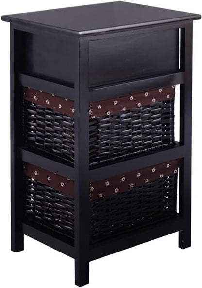 ya 28 10.13 baidi 3 Tiers Black Wooden Storage Nightstand W/ 2 Baskets 1 Drawer Simple Design