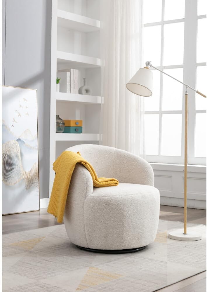 ya 28 10.13 baidi Ivory White Teddy Fabric Swivel Armchair Black Metal Ring
