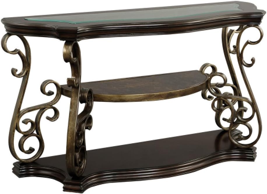 ya 28 10.13 baidi Glass Sofa Table 54Lx20Wx30H, MDF w/Marble Paper Shelf, Metal Legs,Brown