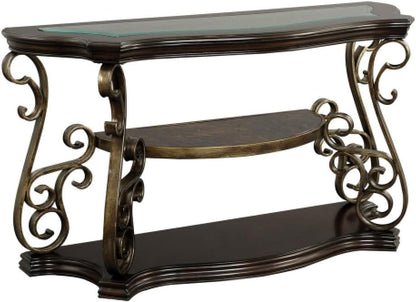 ya 28 10.13 baidi Glass Sofa Table 54Lx20Wx30H, MDF w/Marble Paper Shelf, Metal Legs,Brown