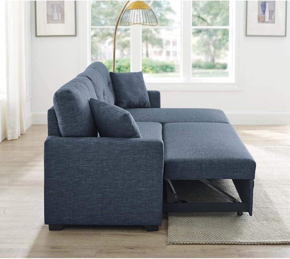 ya 28 10.13 baidi 76.5 Linen Blend Sectional Sofa Blue w/Pull-Out Bed Chaise Storage