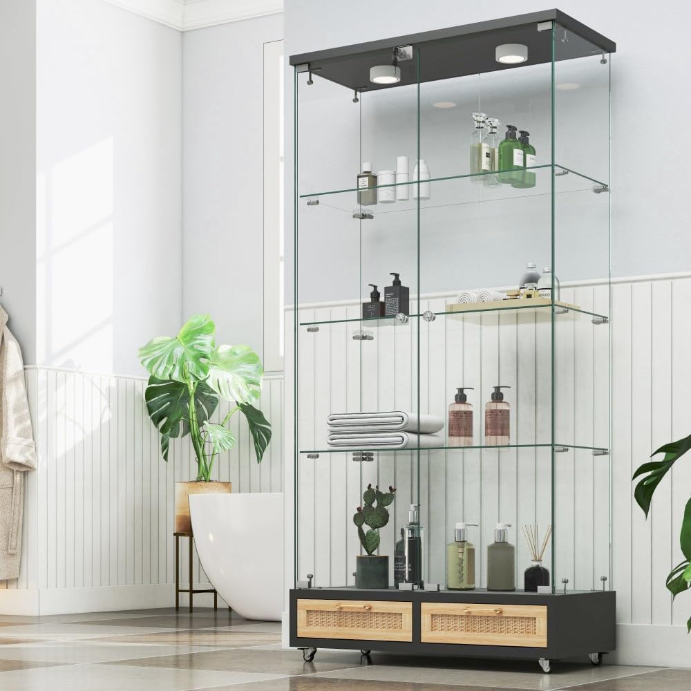 ya 28 10.13 baidi Modern Glass Display Cabinet Black- LED Lights, 2- 4 Shelves, Large Drawers