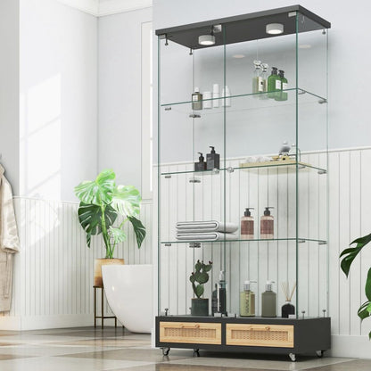 ya 28 10.13 baidi Modern Glass Display Cabinet Black- LED Lights, 2- 4 Shelves, Large Drawers