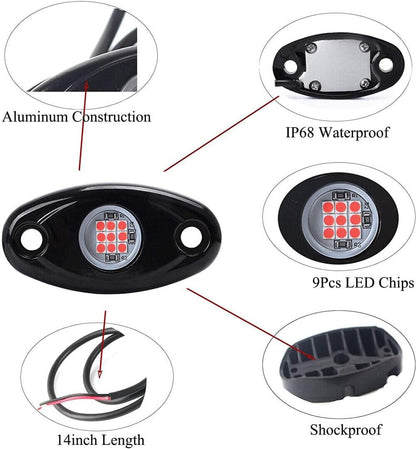 ya 4 8.8 Red 4 Pods LED Rock Lights for Jeep Off-Road Car Truck ATV Boat Underbody Lights 
