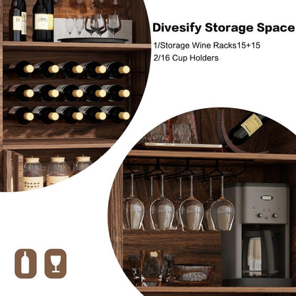 ya 28 10.13 baidi 71 Farmhouse Arched Bar Cabinet Brown- Wine +Glass Holder for Living Room