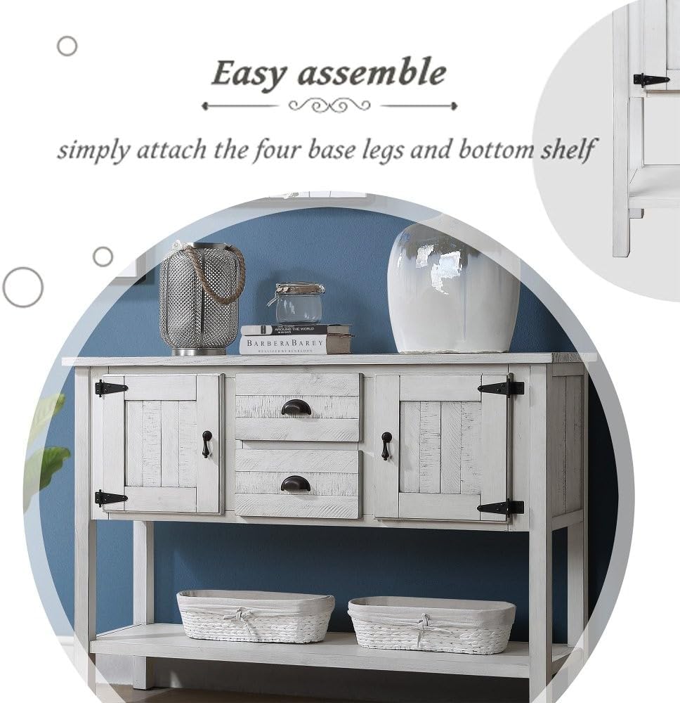 ya 28 10.13 baidi 48'' Solid Wood Sideboard - 2 Drawers+Cabinets+Bottom Shelf Antique White