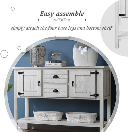 ya 28 10.13 baidi 48'' Solid Wood Sideboard - 2 Drawers+Cabinets+Bottom Shelf Antique White