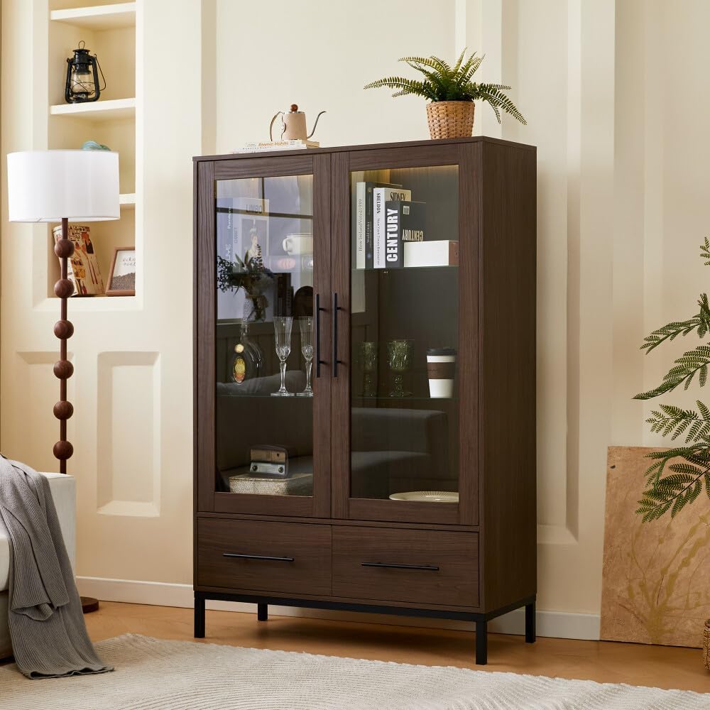 ya 28 10.13 baidi 60'' Tall Display Cabinet Modern w/ Tempered Glass , LED Light, 2 Drawers