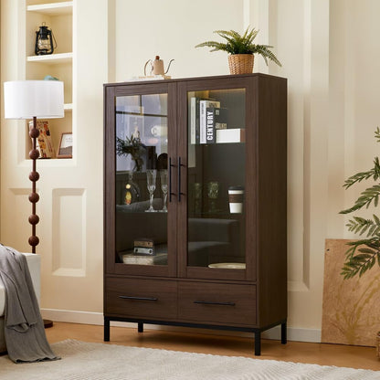 ya 28 10.13 baidi 60'' Tall Display Cabinet Modern w/ Tempered Glass , LED Light, 2 Drawers