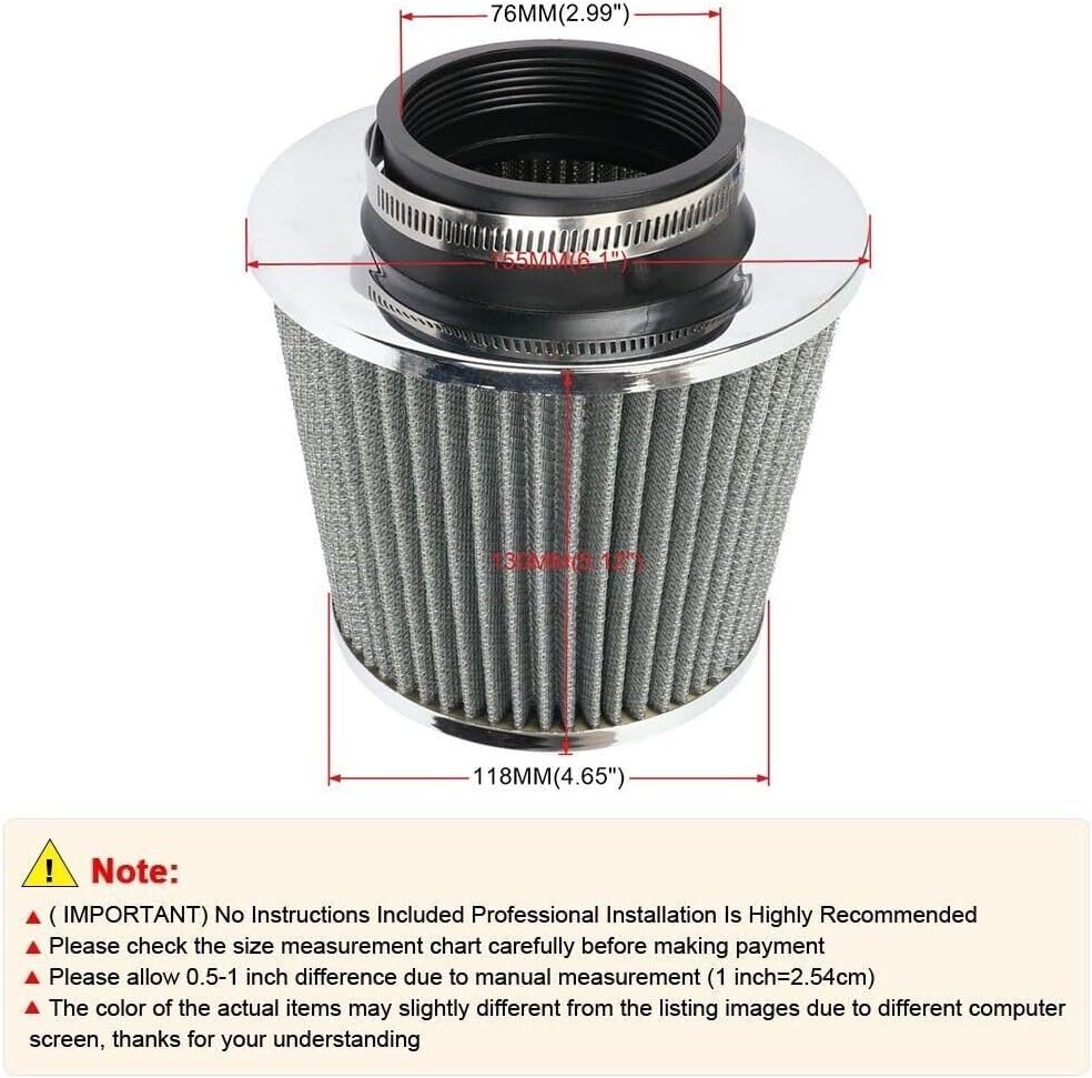 ya 13 9.15 baidi Silver 3/76mm High Flow Inlet Cold Air Intake Cone Replacement Dry Air Filter