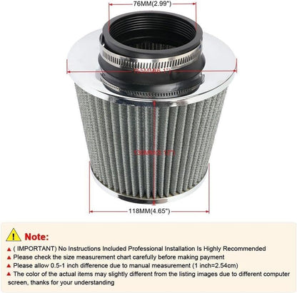 ya 13 9.15 baidi Silver 3/76mm High Flow Inlet Cold Air Intake Cone Replacement Dry Air Filter