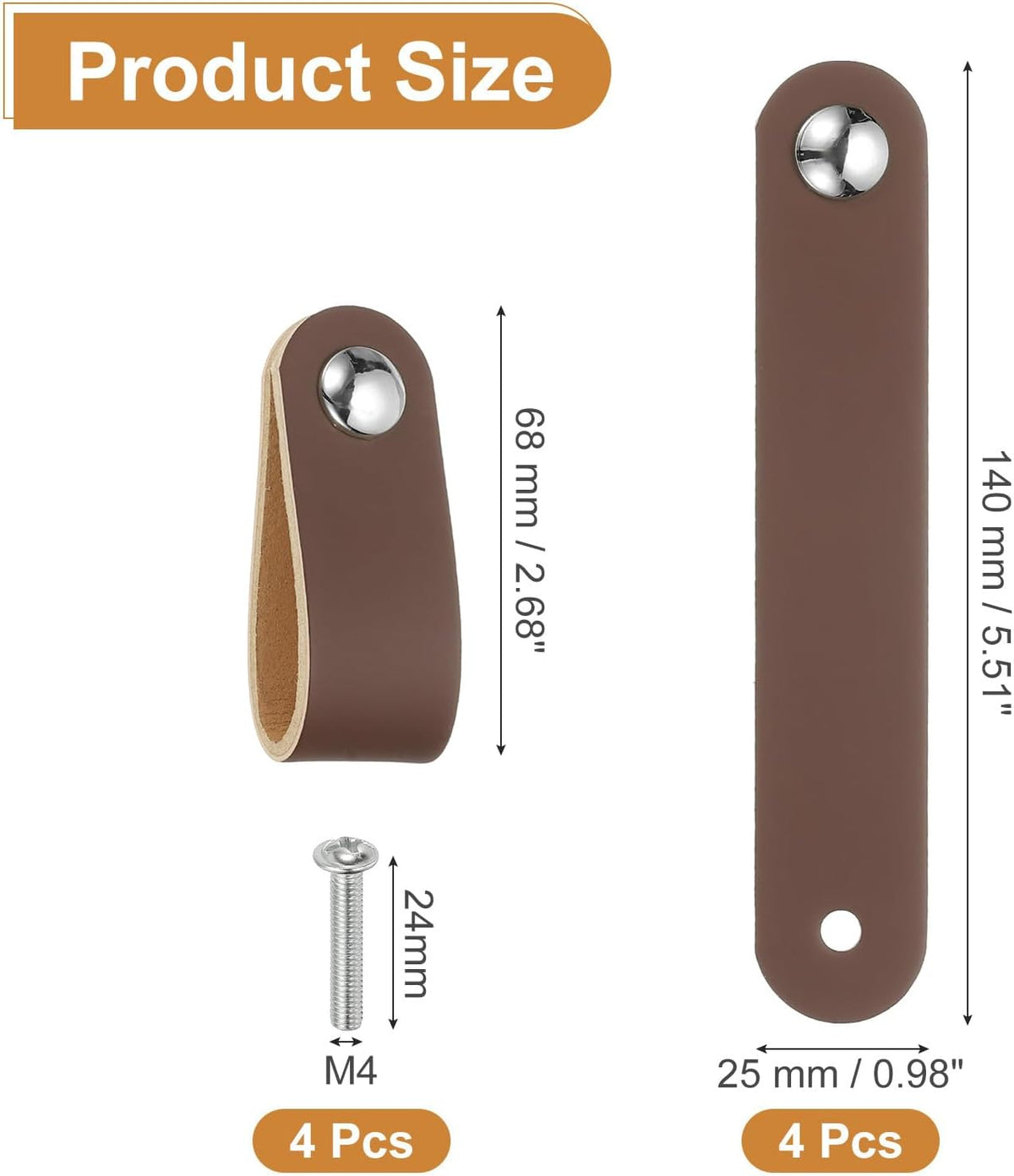 ya 26 10.21 baidi 4 Pcs Leather Drawer Pulls Single Hole Leather Handle with Screws Brown