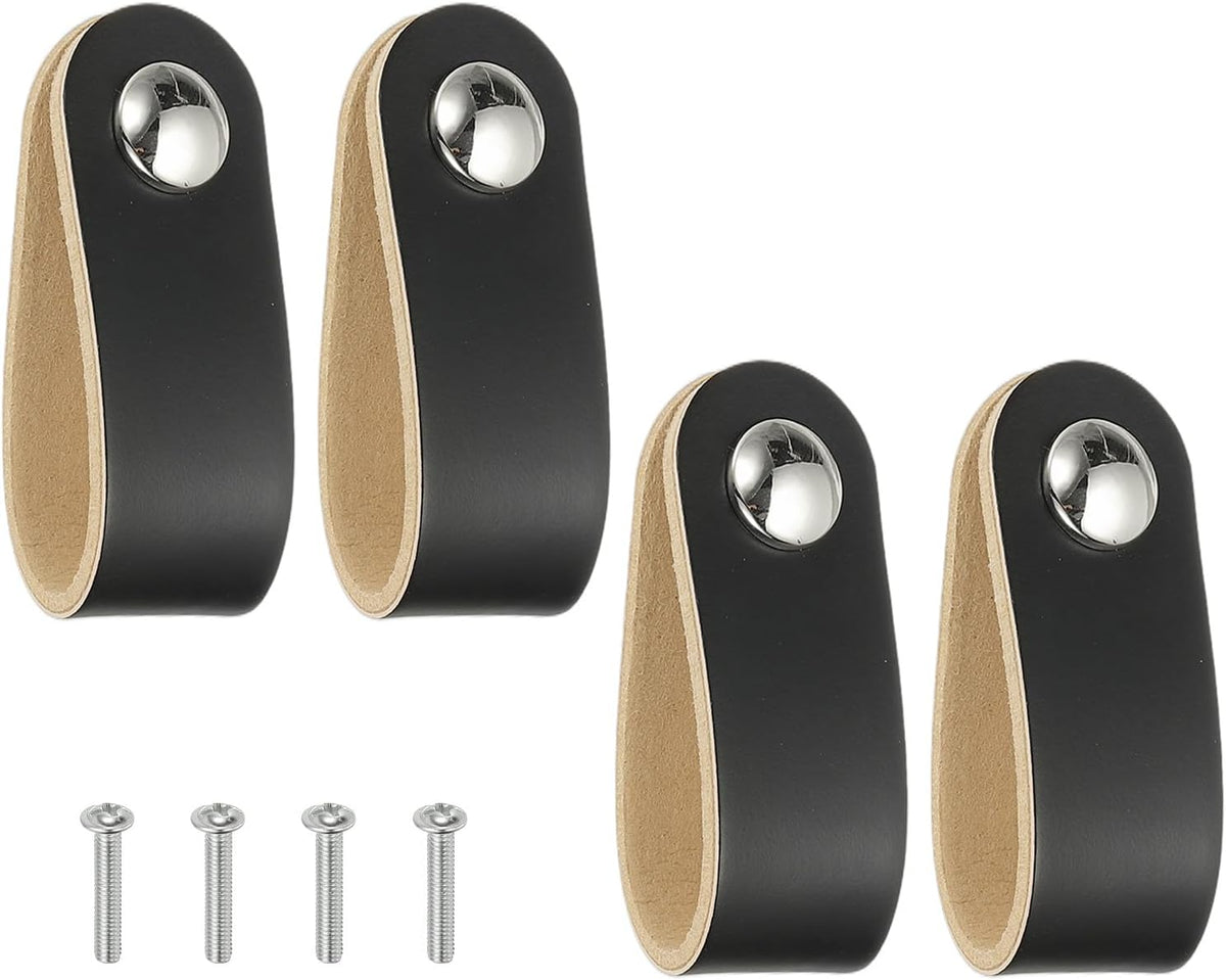 ya 26 10.21 baidi 4 Pcs Leather Drawer Pulls Single Hole Leather Handle with Screws Black