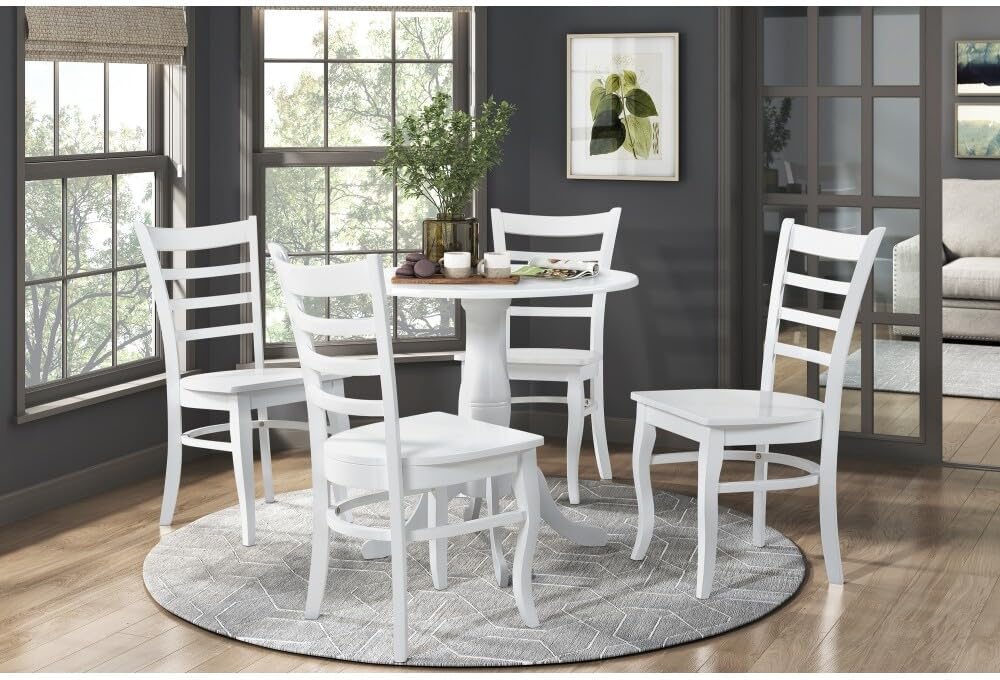ya 28 10.13 baidi Farmhouse Dining Set 5pc,White Finish, Round Table w/4 Wooden Ladder-Back C