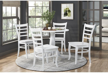 ya 28 10.13 baidi Farmhouse Dining Set 5pc,White Finish, Round Table w/4 Wooden Ladder-Back C