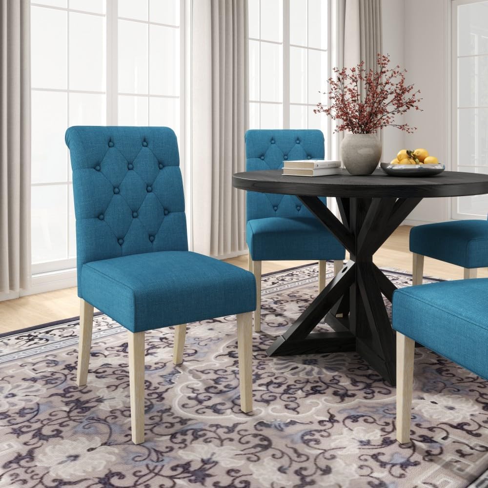 ya 28 10.13 baidi Banff 5-piece Dining Set Blue, Cross-Buck Round Table 4 Tufted Chairs