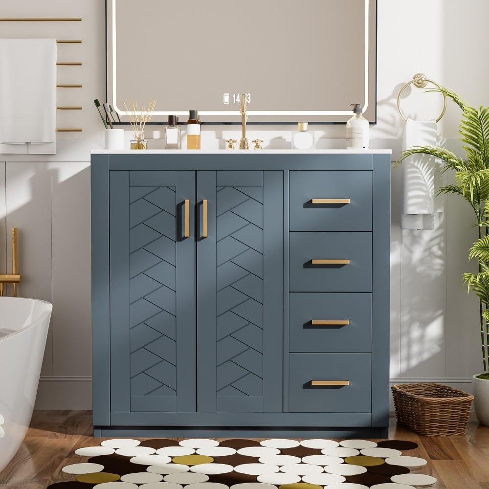 ya 28 10.13 baidi 36'' Blue Bathroom Vanity w/Ceramic Sink Combo - Solid Wood Frame, 3 Drawer