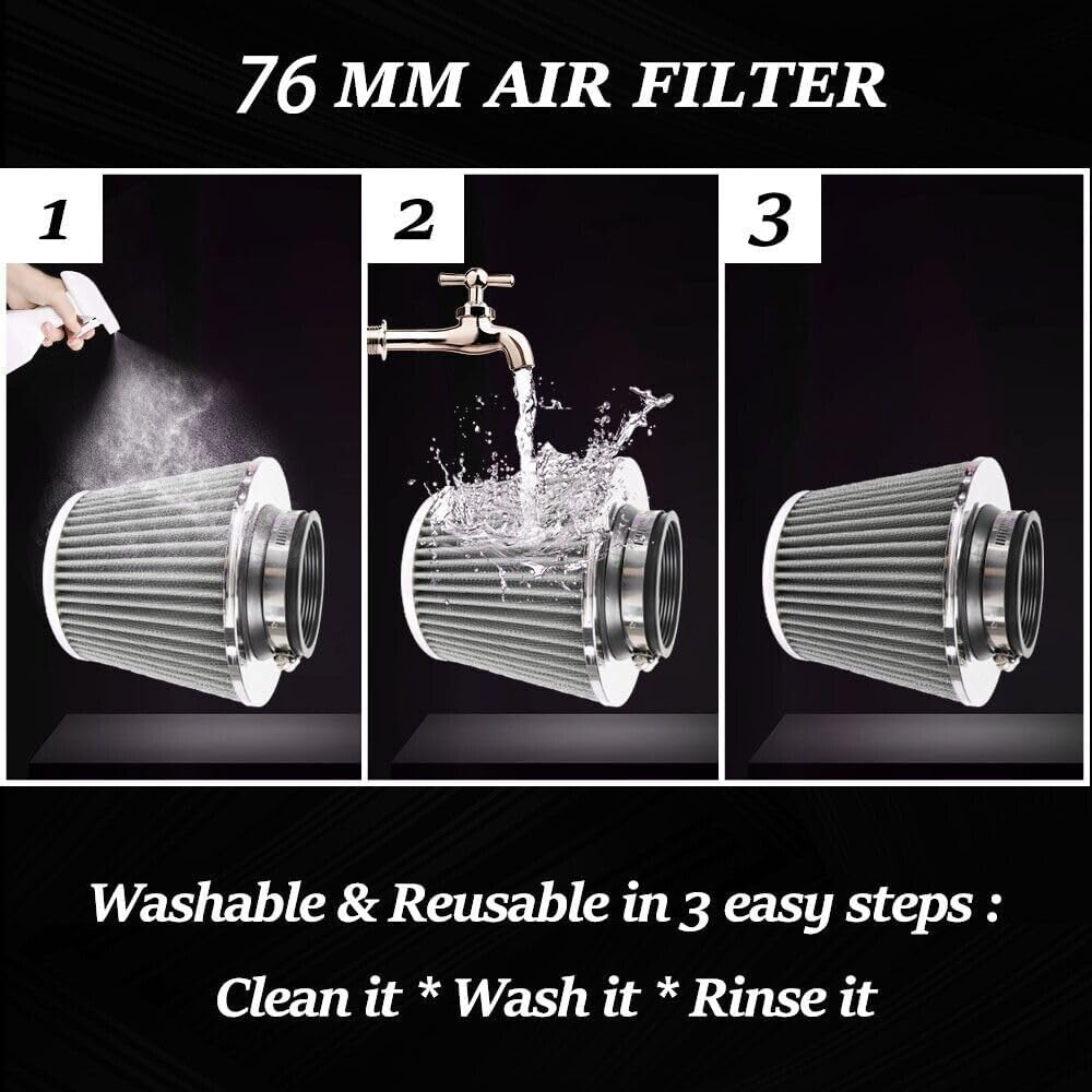 ya 13 9.15 baidi 3 76mm High Flow Inlet Cold Air Intake Cone Replacement Dry Air Filter Silver
