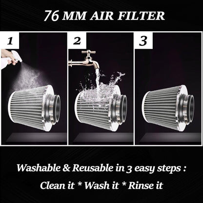ya 13 9.15 baidi 3 76mm High Flow Inlet Cold Air Intake Cone Replacement Dry Air Filter Silver