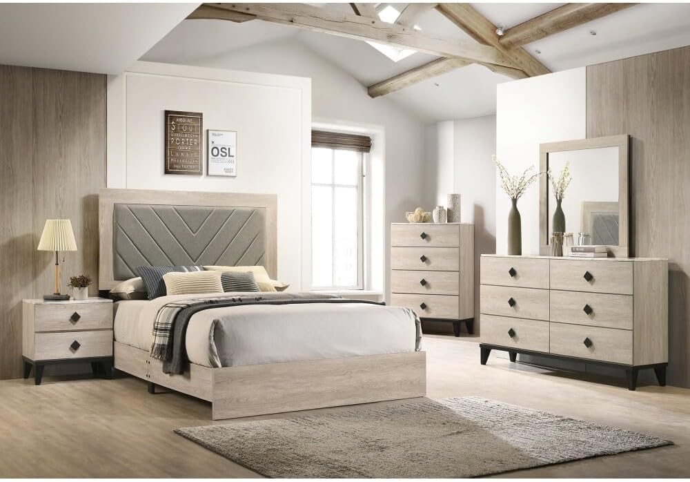 ya 28 10.13 baidi California King Bed, Gray V-Design Headboard, Cream Finish, Rubberwood Bedf