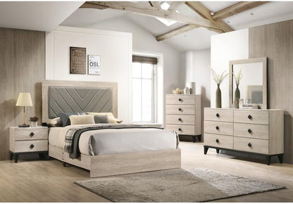 ya 28 10.13 baidi California King Bed, Gray V-Design Headboard, Cream Finish, Rubberwood Bedf