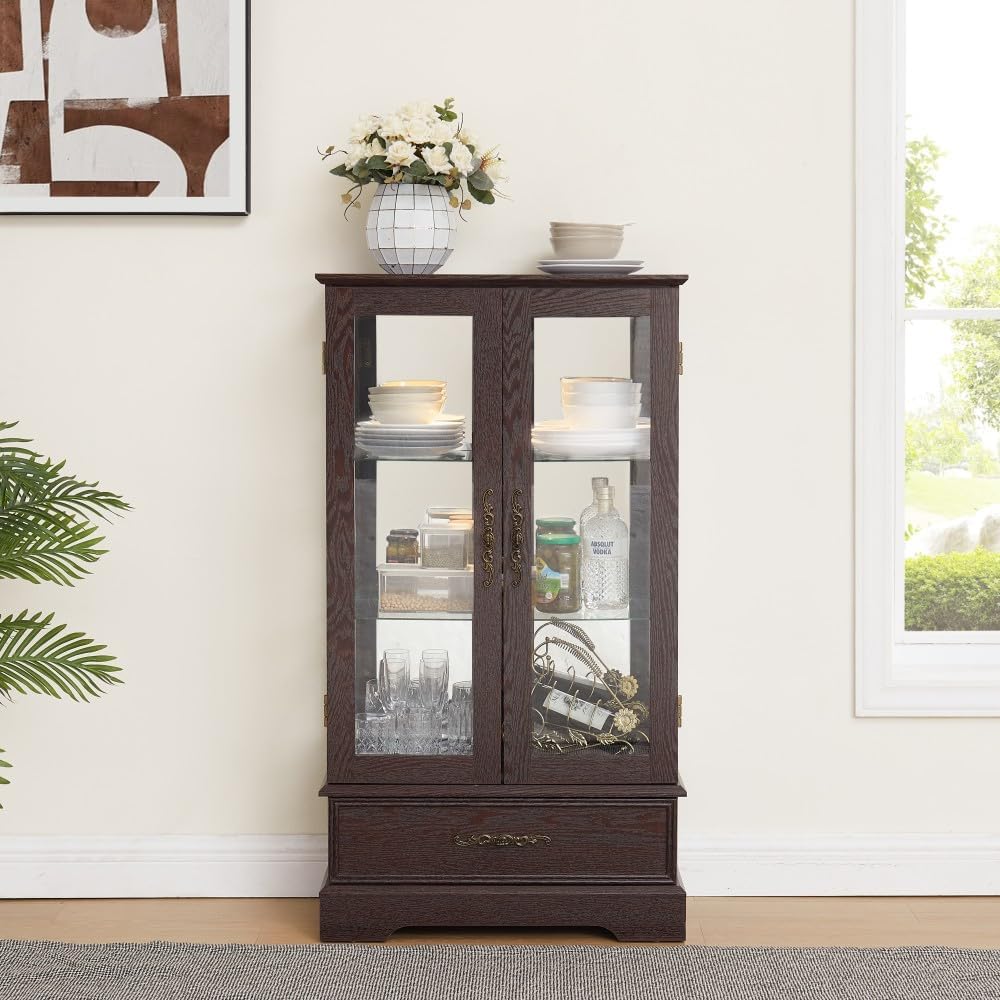 ya 28 10.13 baidi Cherry Lighted Glass Curio Cabinet ¨C Adjustable Glass Shelves, Bulb Include