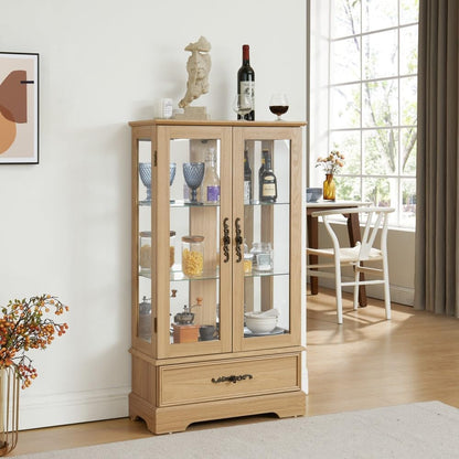 ya 28 10.13 baidi Light Oak Lighted Glass Curio Cabinet - 2 Doors, 1 Drawer, Adjustable Shelv