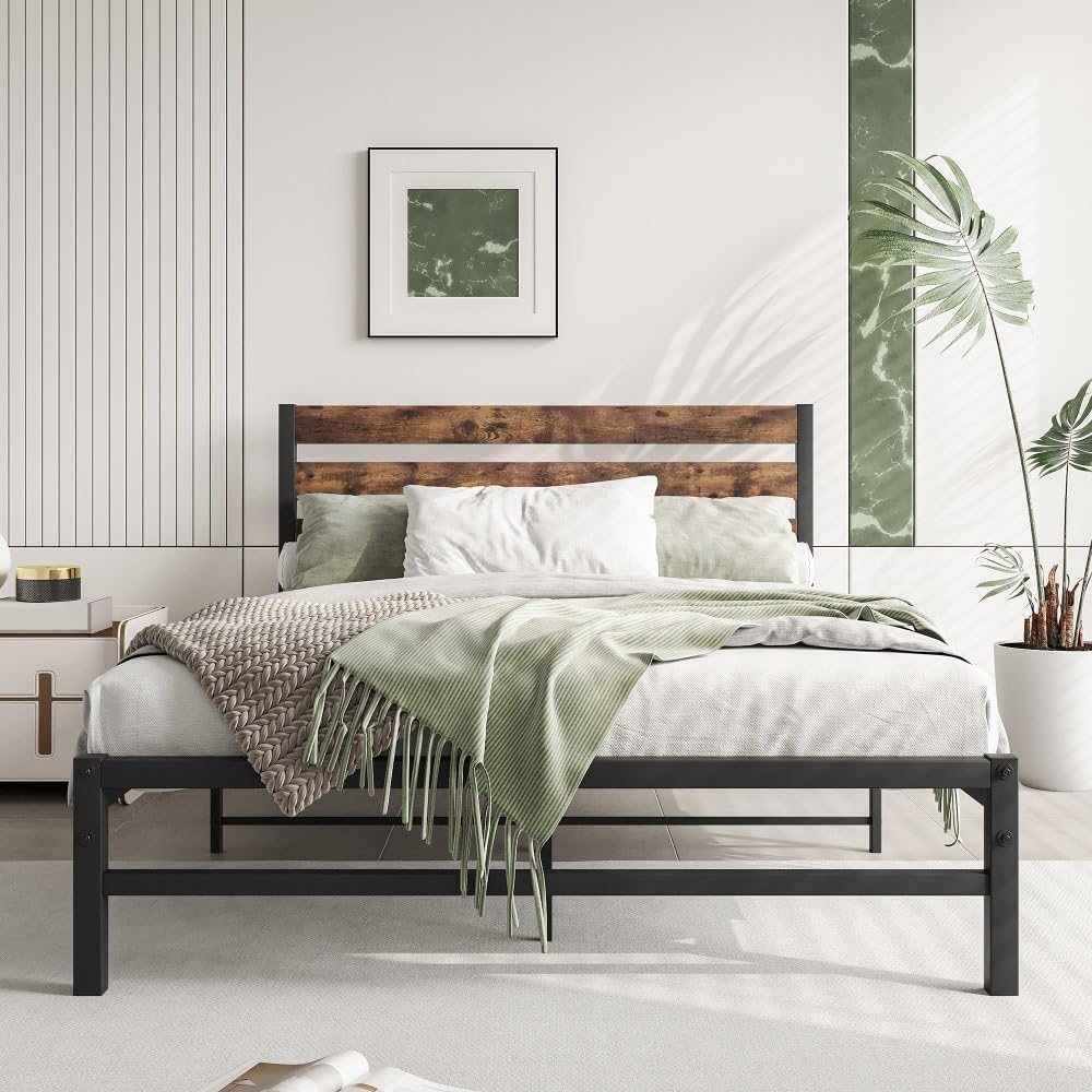 ya 28 10.13 baidi Rustic Vintage Full Platform Bed No Box Black Wood Headboard&Metal Slats