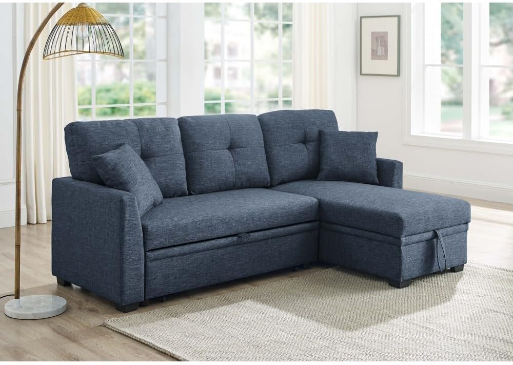 ya 28 10.13 baidi 76.5 Linen Blend Sectional Sofa Blue w/Pull-Out Bed Chaise Storage